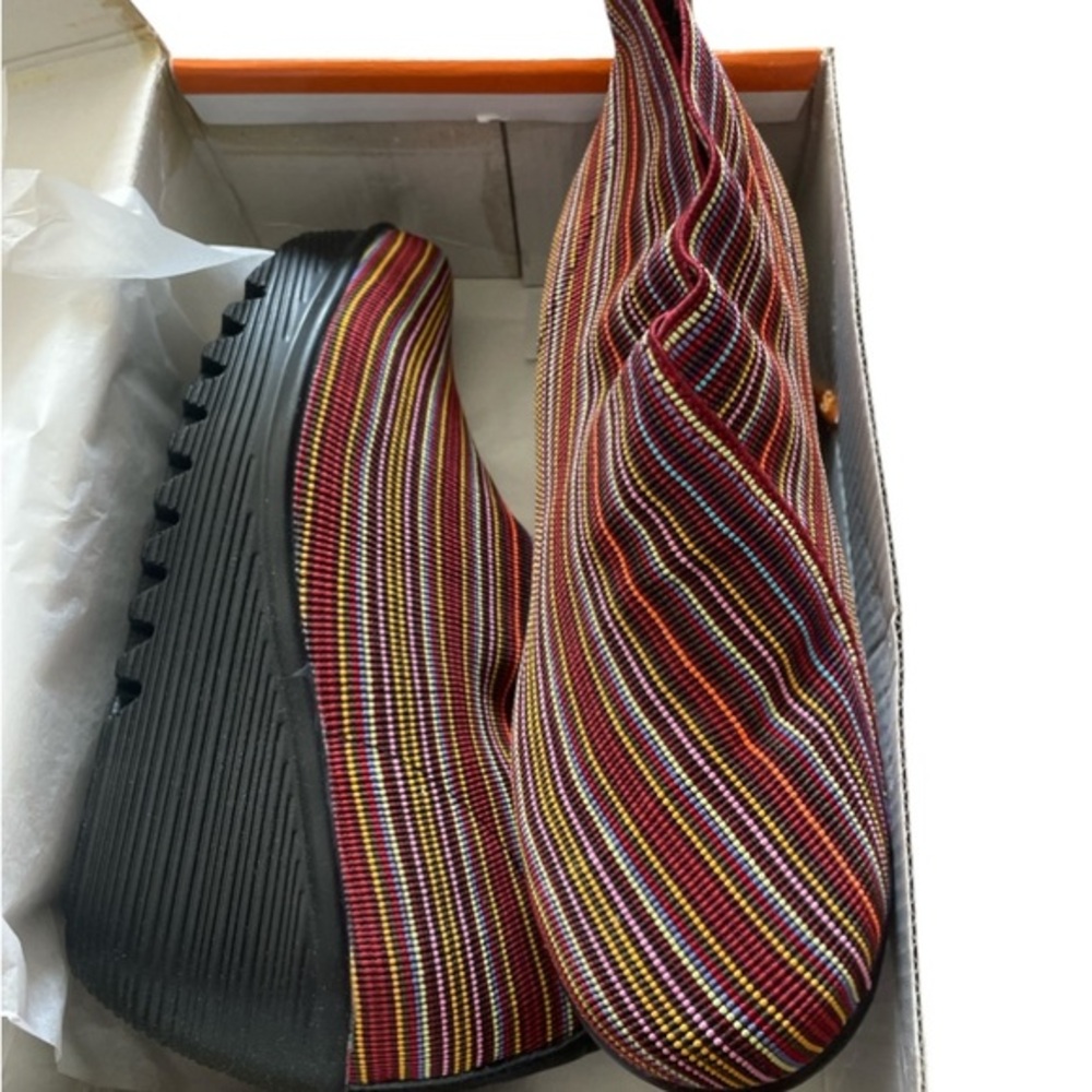 Bernie Mev Maile X Wedge Ankle Boots in Red Striped Woven Textile